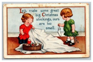 Vintage 1916 Christmas Postcard Cute Children Making Giant Xmas Stockings Funny