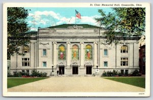 Greenville Ohio~St Clair Memorial Hall~Stained Glass~Flag~PM 1942 Linen Postcard