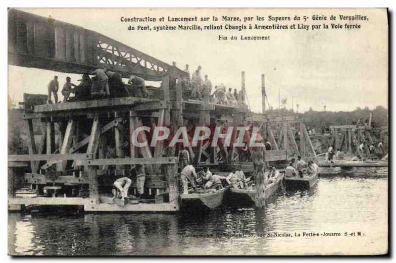 Old Postcard Army construction and launch of the Marne by the Fire of the 5th...