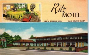 SAN BRUNO, CA California    RITZ  MOTEL  c1950s   Roadside  Linen   Postcard