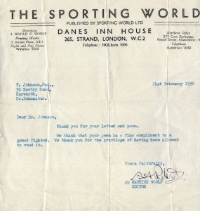 The Sporting World Newspaper 1950 Boxing Hand Signed Letter