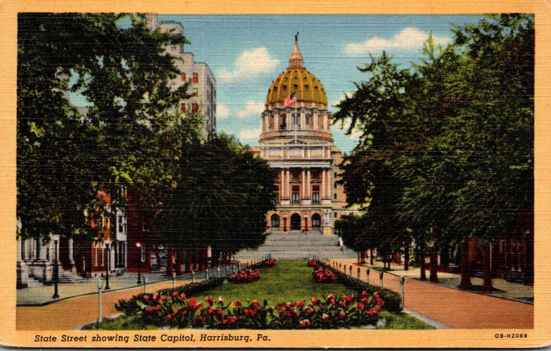 Pennsylvania Harrisburg State Street Showing State Capitol Curteich