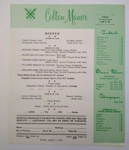 Colton Manor Atlantic City Vintage Dinner Menu Insert Original New Jersey 1975