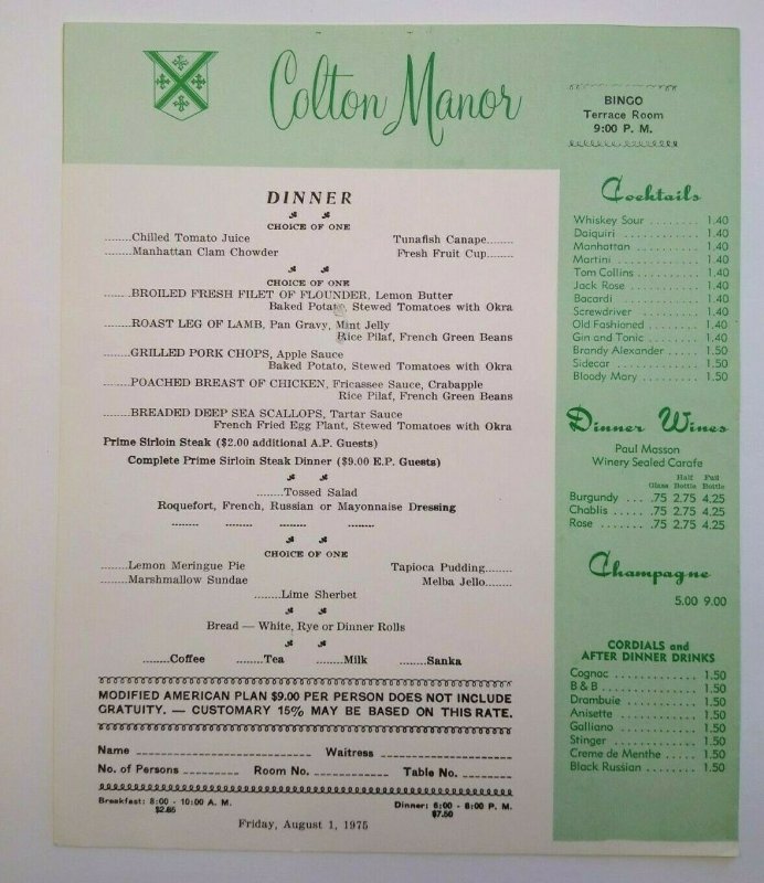 Colton Manor Atlantic City Vintage Dinner Menu Insert Original New Jersey 1975