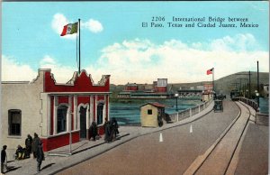 Juarez Mexico, Rio Grande, International Bridge, Period Cars Linen Postcard 