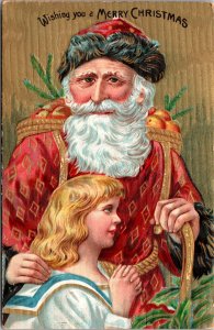 Vintage Christmas Postcard Santa Red Robe & Blonde Boy in Sailor Suit