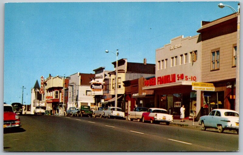 Fort Bragg California 1950s Postcard Street Scene Cars Stores