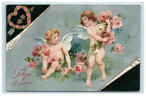 John Winsch Valentine Postcard Cupids Angels Roses Token of Love Embossed
