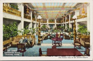 Spokane WA Davenport Hotel Lobby Unused Robbins Tillquist Postcard G97