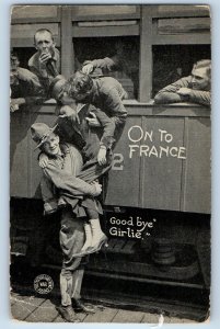 France Postcard Soldier Girl Kissing Scene in Train c1920's Antique WW1