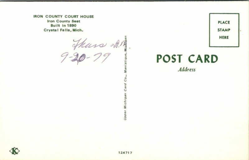 VTG Postcard Iron County Court House Crystal Falls Michigan 1979 Unposted  80