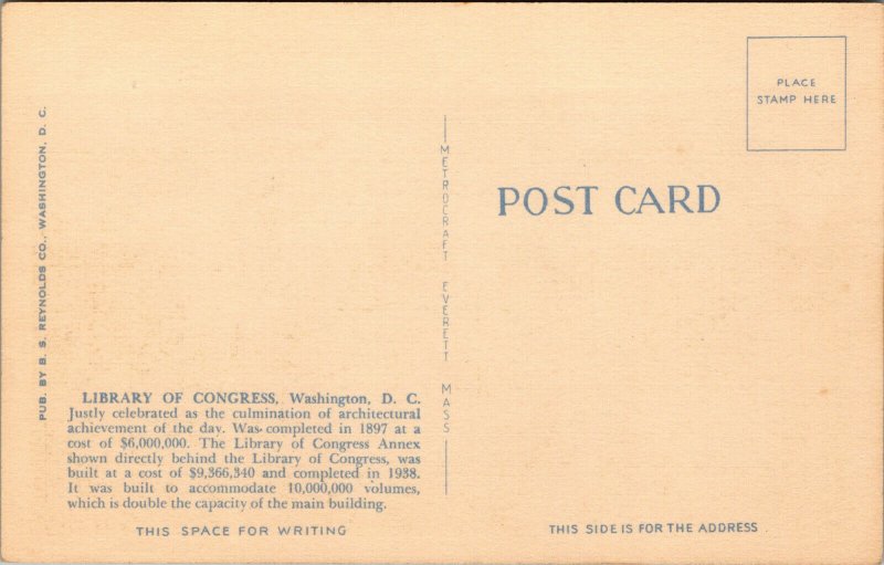 Vtg 1930s Library of Congress and Annex Washington DC Unused Linen Postcard