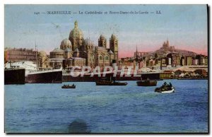 Old Postcard Marseille The Cathedral and Our Lady of the Guard Boat