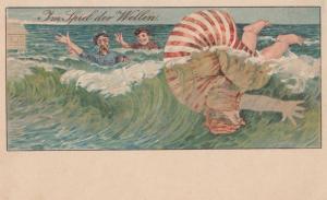 Fat Overweight Lady Diving Bomb Fallen Sea Antique German Comic Humour Postcard