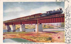 Railroad Train Fort Steele Bridge Wyoming 1909 postcard