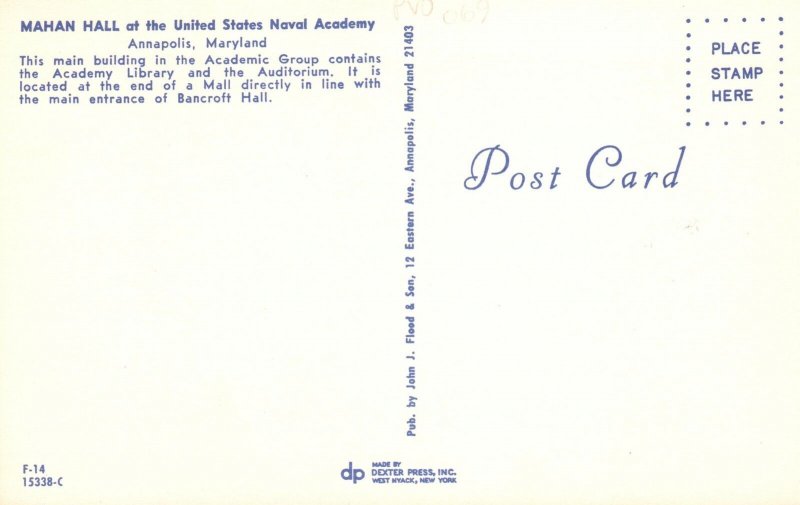 Vintage Postcard Mahan Hall United States Naval Academy Annapolis Maryland MD