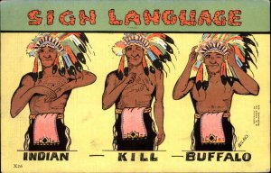 Native American Sign Language INDIAN KILL BUFFALO Linen Postcard 