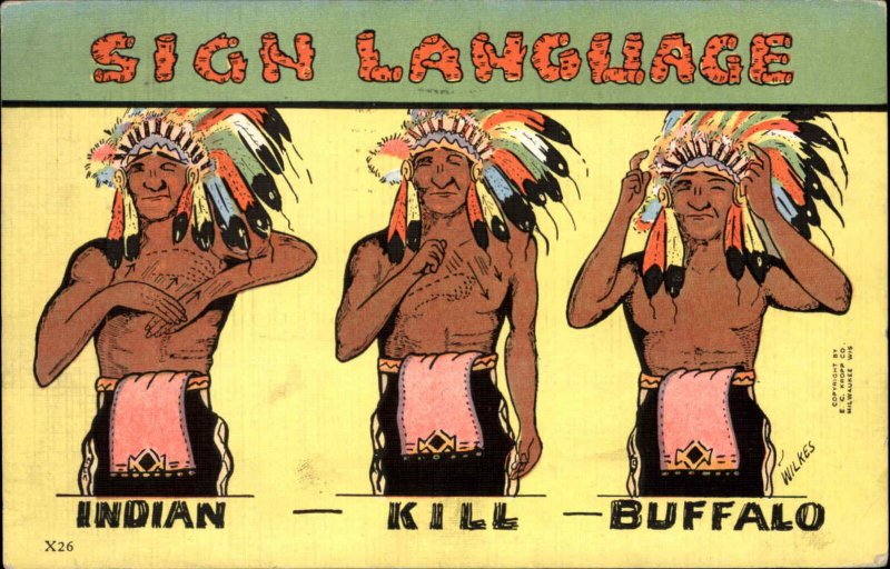 Native American Sign Language INDIAN KILL BUFFALO Linen Postcard 