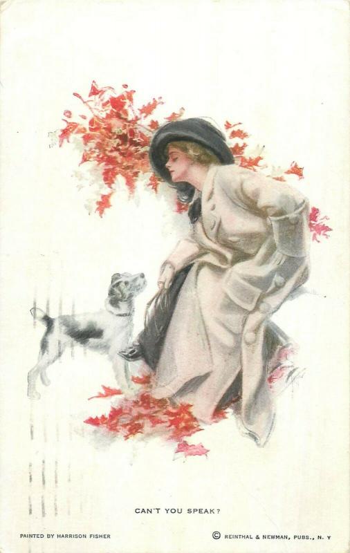 Harrison Fisher signed postcard  Can`t you speak ? elegant woman & dog 