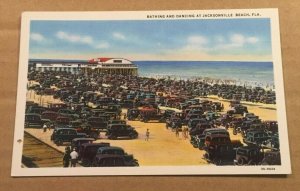 VINT. UNUSED .01 LINEN POSTCARD - BATHING & DANCING AT JACKSONVILLE BEACH, FLA.