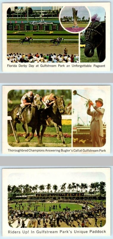 3 Postcards HALLANDALE, FL ~ Florida Derby GULFSTREAM PARK Horse Racing c1950s 