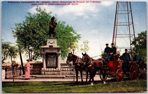 Firemen's Monument Saint Joseph Michigan MI Horse Carriage Military Postcard