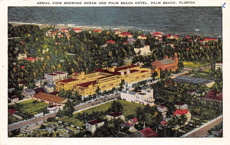 Palm Beach Florida~Aerial View Showing Ocean & Palm Beach Hotel~1940s Linen Pc