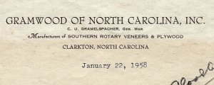 1958 Gramwood of North Carolina Clarkton NC Letter Veneer Prices 13-102
