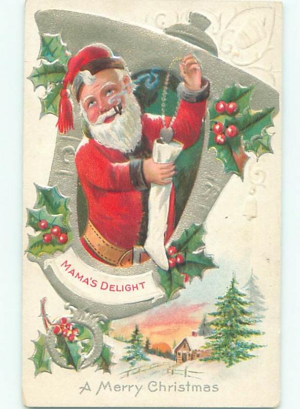 Pre-Linen Christmas SANTA CLAUS PUTS NECKLACE INTO STOCKING AB4967