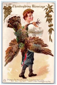 1914 Thanksgiving Blessings Boy Cached Turkey Embossed Jolie IL Nash Postcard 