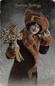 H42/ Merry Christmas Holiday Postcard c1910 Gold-Lined Pretty Woman 8