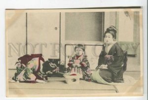 478624 Japan girls and child in national clothes tea party Vintage tinted