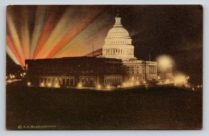 Hand Colored  The Color  Night Illumination  Washington DC   Postcard