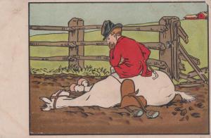 Race Jump Rider On Dead Horse Lying By Fence Antique French Comic Postcard