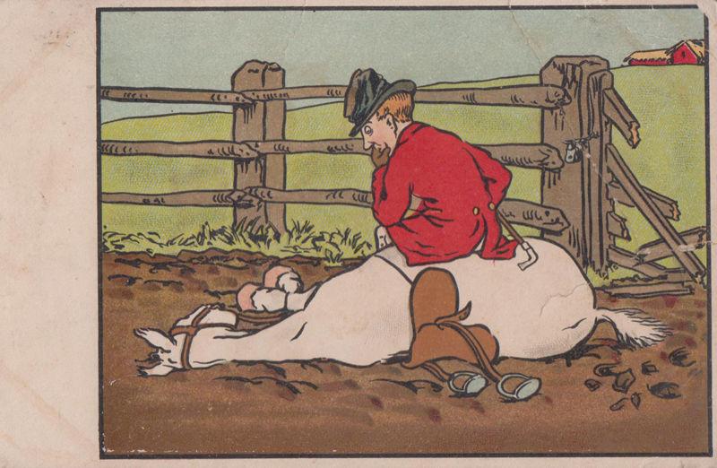 Race Jump Rider On Dead Horse Lying By Fence Antique French Comic Postcard
