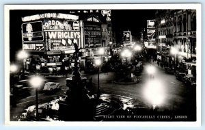 RPPC LONDON, England UK ~ Night Neon PICCADILLY CIRCUS c1930s   Postcard