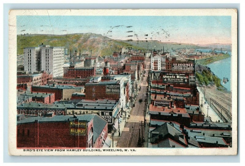 c. 1910 Wheeling, Bird's Eye View Hawley Building Downtown W. VA Postcard P14