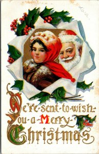 Vtg 1910s Wish you a Merry Christman Woman and Santa Gold Gilt Embossed Postcard