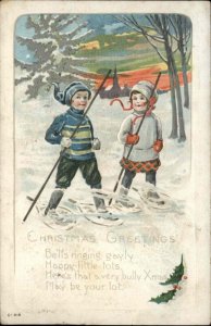 Christmas Little Boy and Girl Snowshoes Snowshoeing c1910 Vintage Postcard