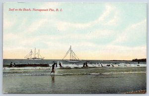 NARRAGANSETT POINT RHODE ISLAND*RI*SURF ON THE BEACH*1907-1915 ERA UNUSED*BOATS