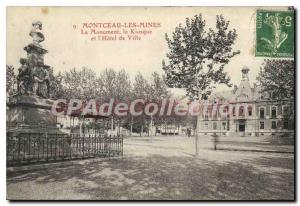 Old Postcard Montceau les Mines Monument Kiosk, and Hotel de Ville