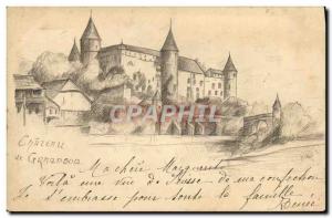 Old Postcard Drawing by hand Grrandsor Switzerland Chateau Unique