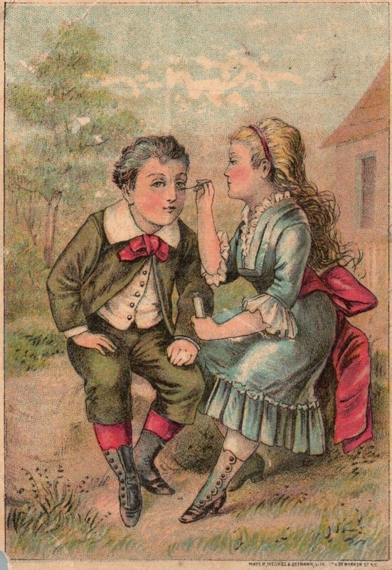 1880s-90s Dr. Issac Thompson's Eye Water Troy Trade Card Girl Cleaning Boys Eye