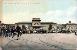 Postcard Train Station RI Union Station NYNH & HRR Providence RI - with Parade