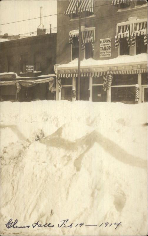 Glens Falls NY Winter Storm Scene P. ANRY TAILOR Sign 1914 Real Photo Postcard