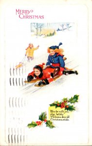 Merry Christmas With Children Riding Sleigh 1920