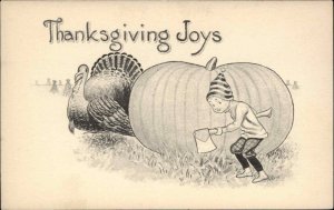 Thanksgiving Little Boy with Axe Sneaks up On Turkey Vintage Postcard