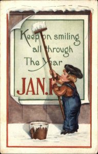 Whitney New Year Little Boy Pastes Jan. 1 Poster on Wall Vintage Postcard