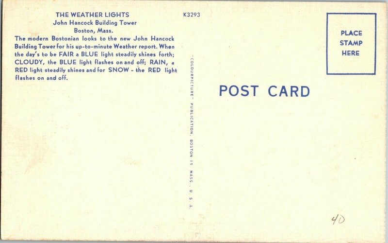 John Hancock Building Tower Weather Lights, Blue and Red, Boston MA Postcard C61