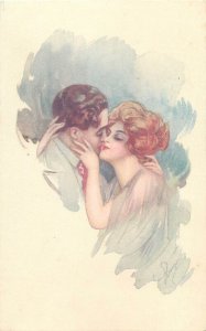 Italian illustrator romantic drawn couple love idyll lovers kiss postcard Italy
